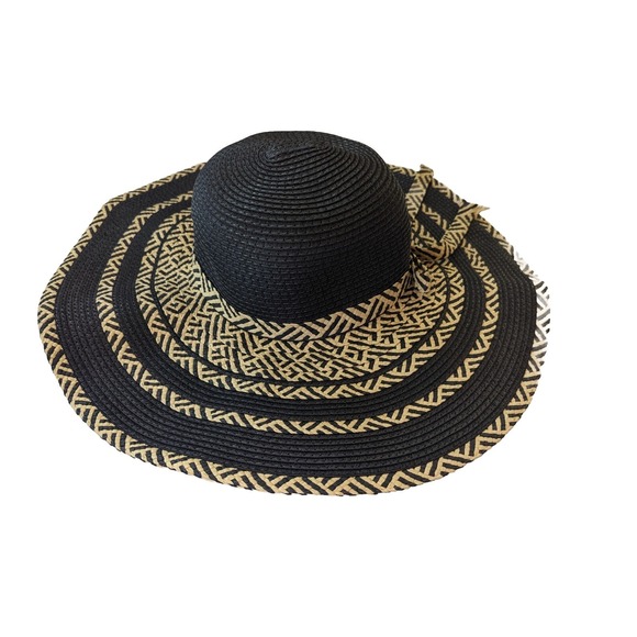 Scala Women's Beige Grey Striped One Size Foldable Floppy Wide Brim Sun Hat - Picture 3 of 6